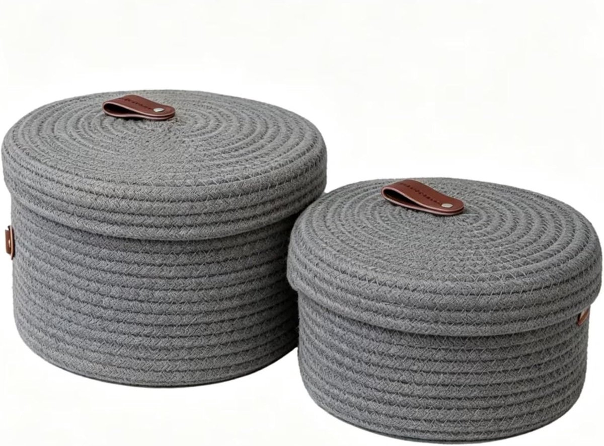 Touw, opbergmand met deksel, set van 2, rond, naturel