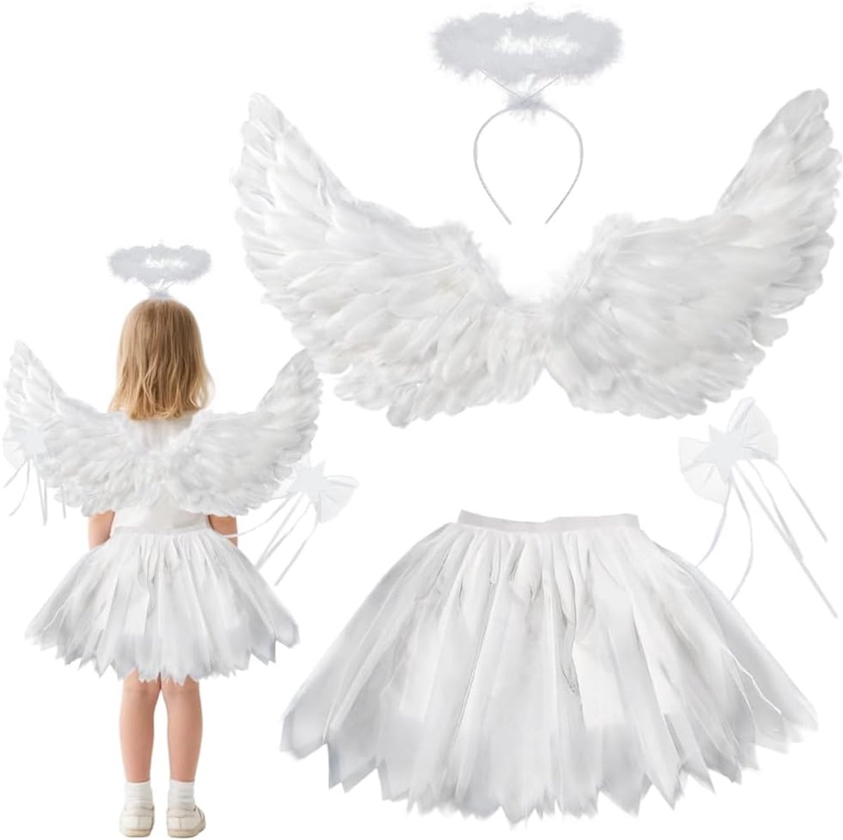 Engelkostuum voor kinderen, wit engelkostuum met engelenvleugels, tutu-rok, heiligsteen en toverstaf, engelkostuum voor meisjes, voor Halloween, themafeest, carnaval, kostuumfeest (wit)