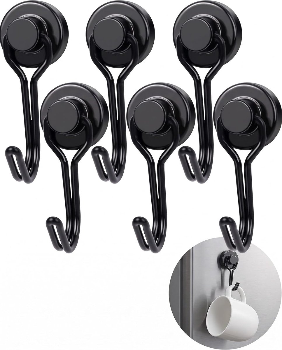 Sterke magneethaken, 16 mm, 6 stuks magneten om op te hangen met 180 graden draaibare haak, neodymium haak zonder boren, voor keuken, koelkast, cruise en garage