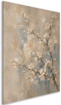 Canvas schilderij - Kunst bloesem - Kersenbloesem - Woonkamer - Slaapkamer decoratie - Beige - Bloemen - 80x120 cm