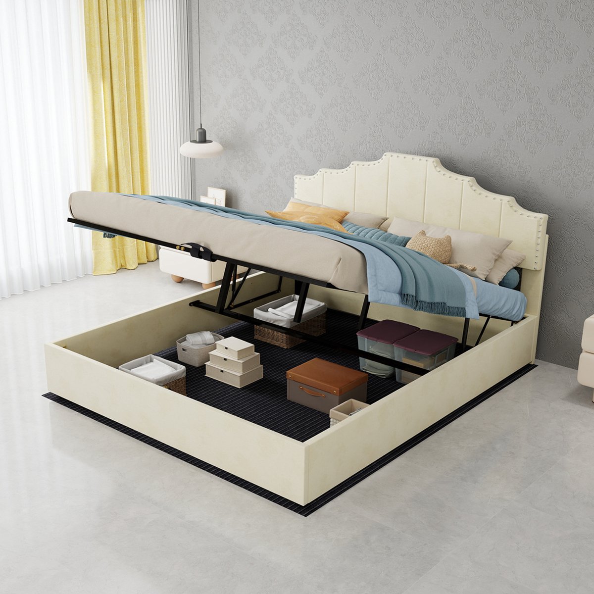 REDOM Bed met opbergruimte - Hydraulisch opklapbare lattenbodem - Gestoffeerd hoofdbord - Hout en stof - Beige - 160 x 200 cm
