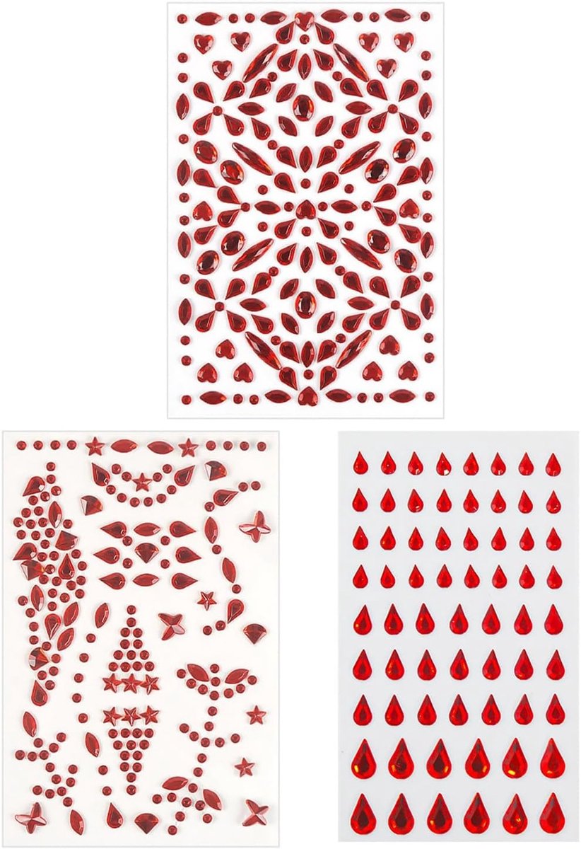 3 stuks zelfklevende strass-steentjes voor gezicht, nagels, haar, lichaam, make-up, ideaal voor Halloween, festivals en knutselwerk (3/4/5/6 mm), rood