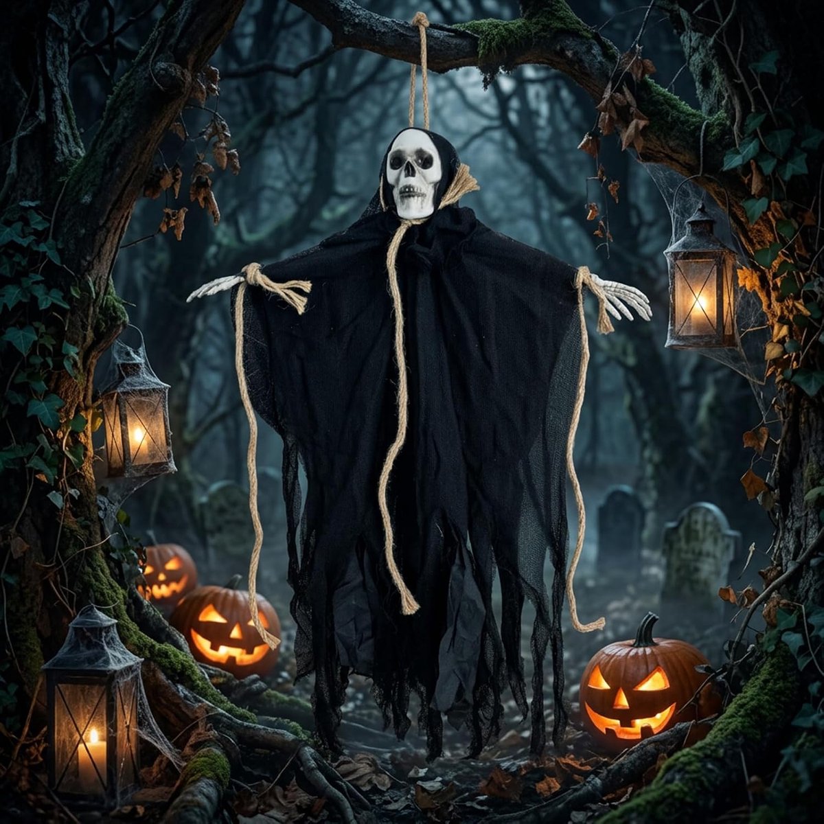 1 x Halloween-decoratie skelet, zwarte hangdecoratie