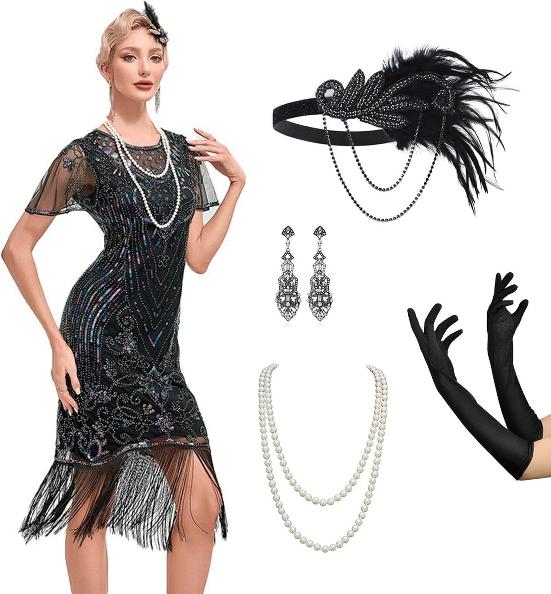 Jaren 20-kostuum voor dames, Gatsby-jurk met jaren 20-accessoires, Charleston flapperjurk, carnavalskostuum, cocktailjurk