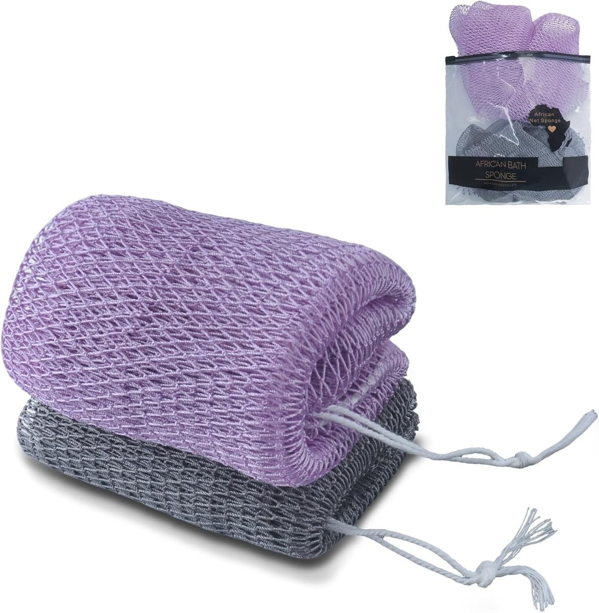 Exfoliërende Bad Spons Set van 2 - Grijze en Lichtpaarse Net Spons voor Diepe Reiniging, Ideaal voor Douche en Lichaamsverzorging, Uitrekbare Lengte tot 114 cm