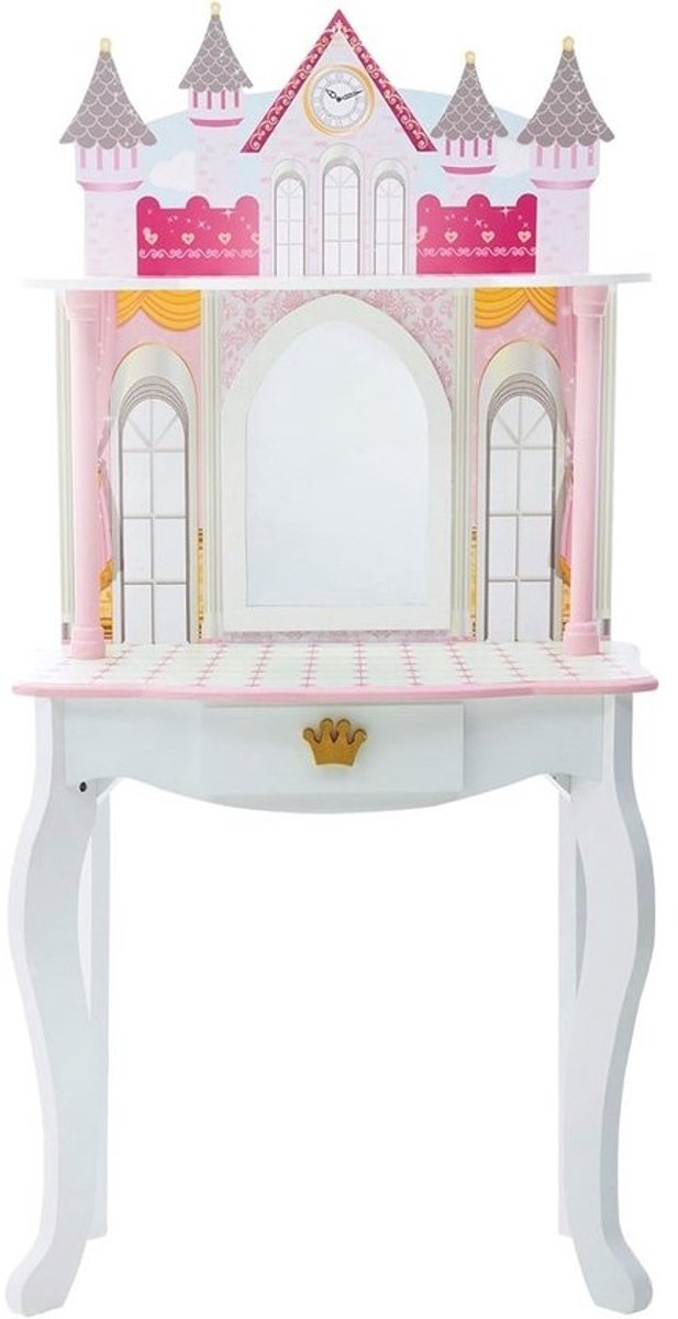 Houten kaptafel - voor kinderen - met stoel - Dromenland-kasteelontwerp - Inclusief 4 poppenaccessoires - Wit/roze