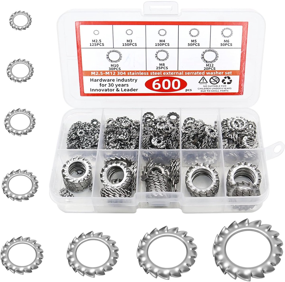 OMJMYY 600 stuks tandschijf, borgschijven, roestvrij staal 304, externe klemschijven, M2.5, M3, M4, M5, M6, M8, M10 - ShopVlot