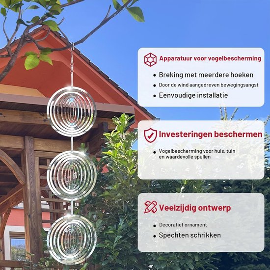 Reflecterende 3D RVS Wind Spinner voor Buiten, Tuinversiering en Vogelafschrikking voor Spechten en Duiven — afbeelding 4