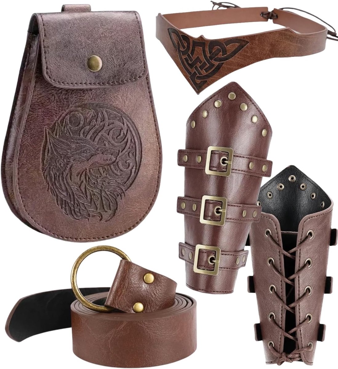 Medieval Belt Set, Vintage Faux Leather Embossed Belt Bag Headband Headdress Arm Rails Renaissance Viking Costume - ShopVlot