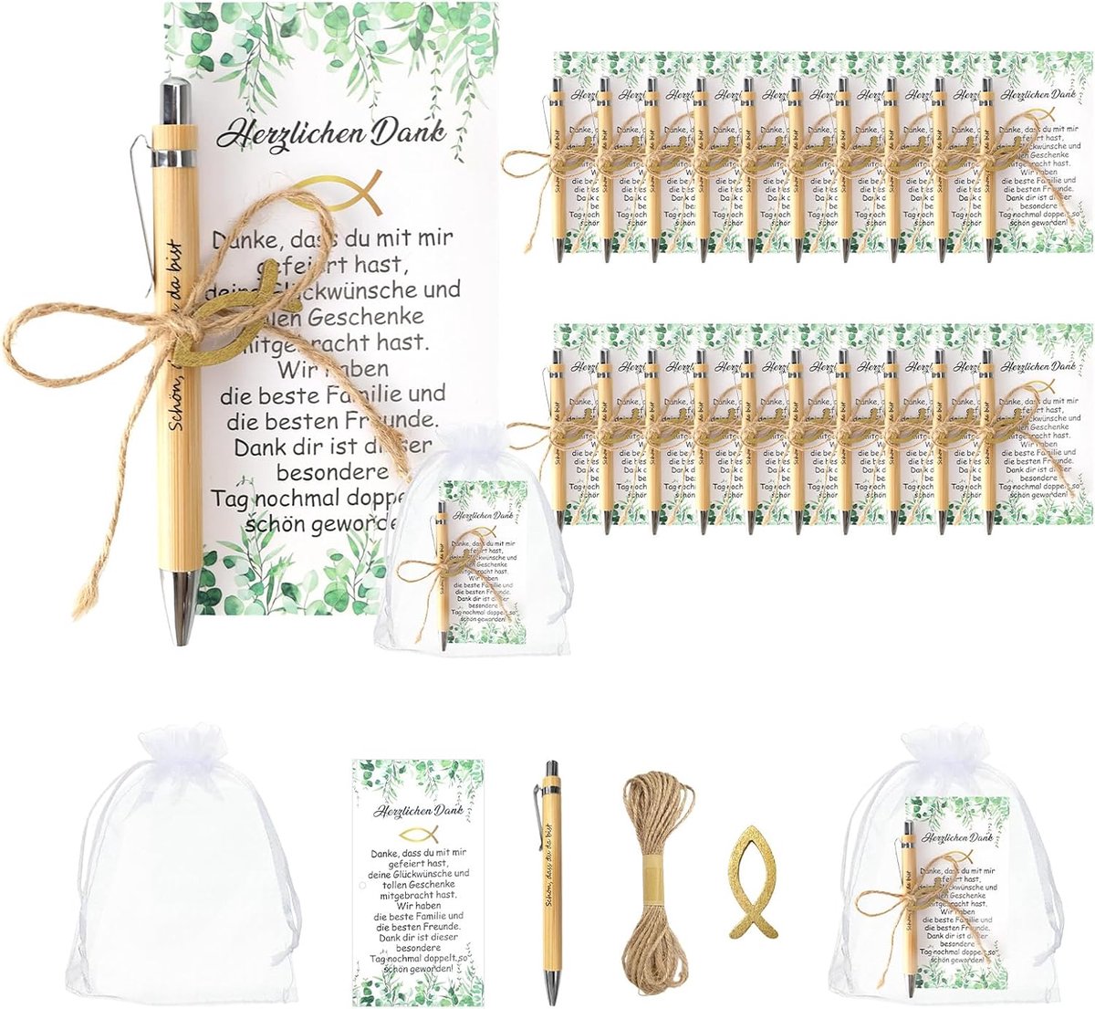 20 Sets Communiegeschenken, Waaronder Een Houten Pen Met Een Bedankkaartje, Een Houten Visje En Een Organzazakje, Cadeaus En Gastgeschenken Voor Doop, Vormsel En Huwelijksreceptie