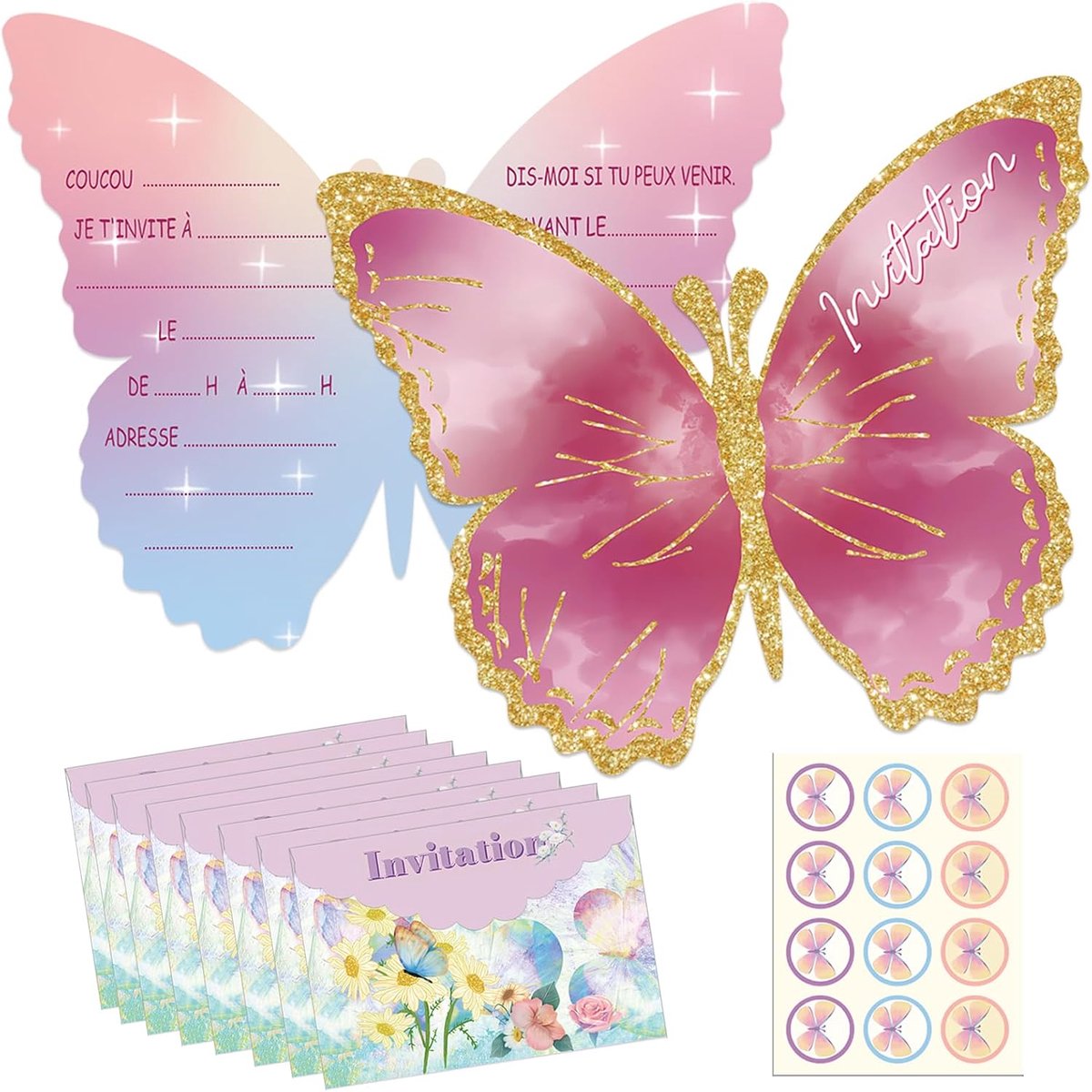 12 stuks uitnodigingskaarten vlinder in Frans verjaardagsuitnodiging feest, uitnodigingskaarten met enveloppen, papillonpapier voor Moederdag, huwelijk, Valentijnsdag, verjaardag