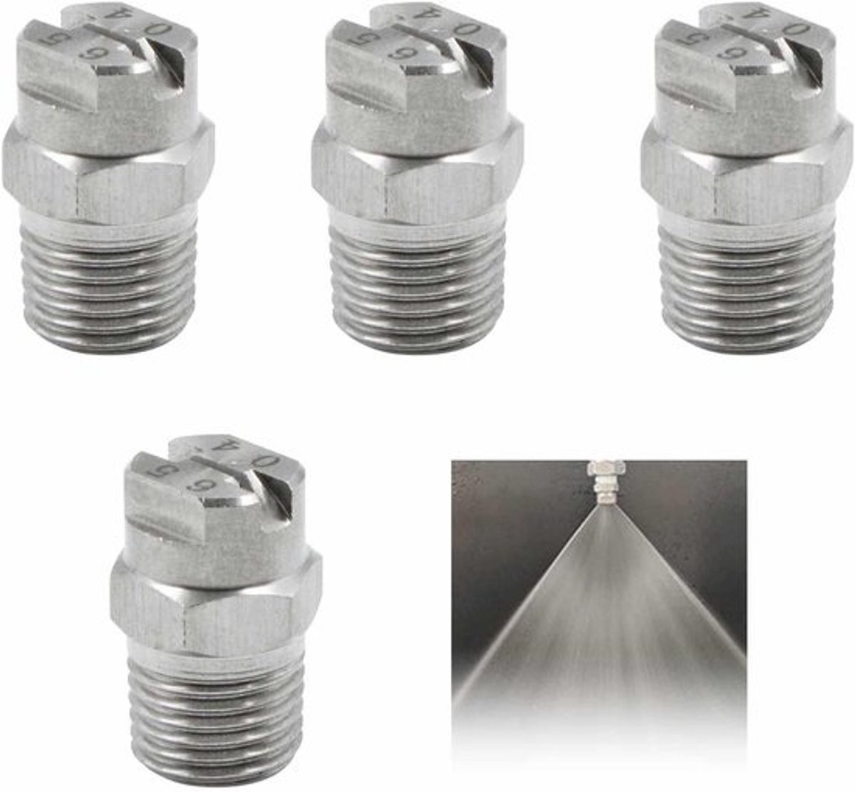 SnelShoppen - Hogedrukspuit met vlakstraalmondstuk en oppervlaktereiniger - Roestvrijstalen mistsproeier met 1/4 inch draadverbinding - 65 graden, 4 stuks voor tuin en sch