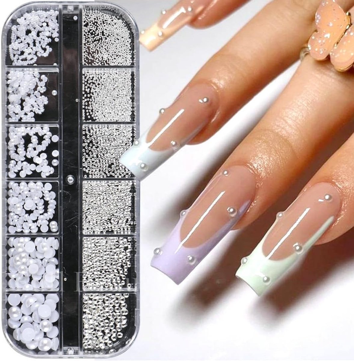 1 doos platte nagelbedels met platte achterkant, kleine roestvrijstalen kralen, halfrond, nagelhanger, voor doe-het-zelf sieraden, nageldesign