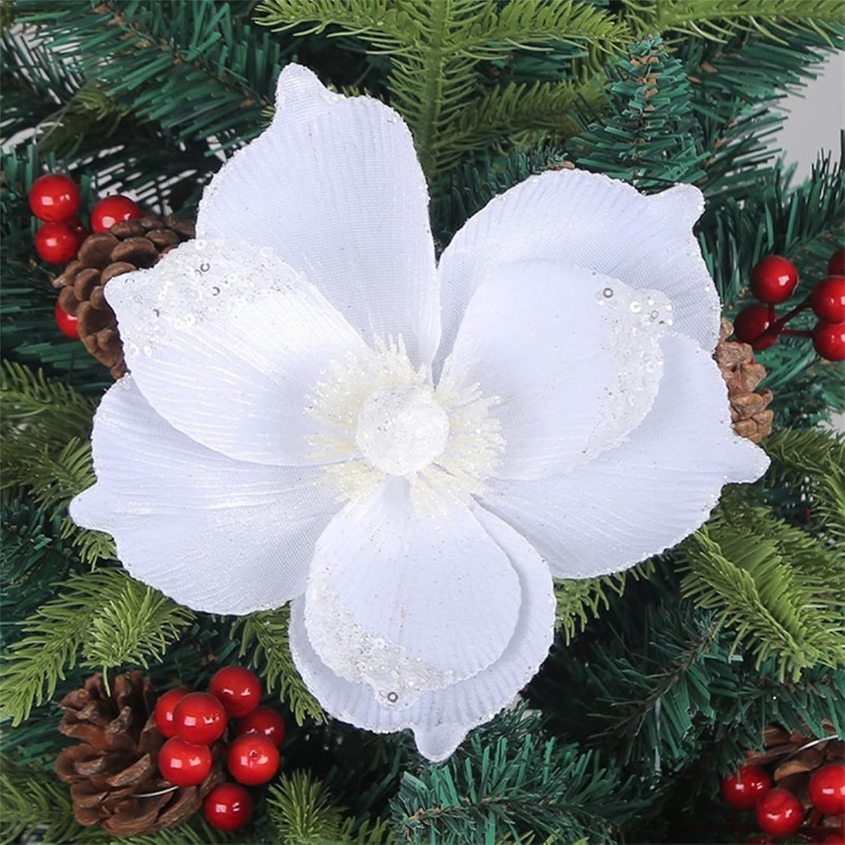 6 stuks kerstbloemen, kunstkerstbloemen met pailletten, kerstbloemen, decoratie, kerstboomversiering, kerstboom, kerstkrans (wit, 6 stuks)