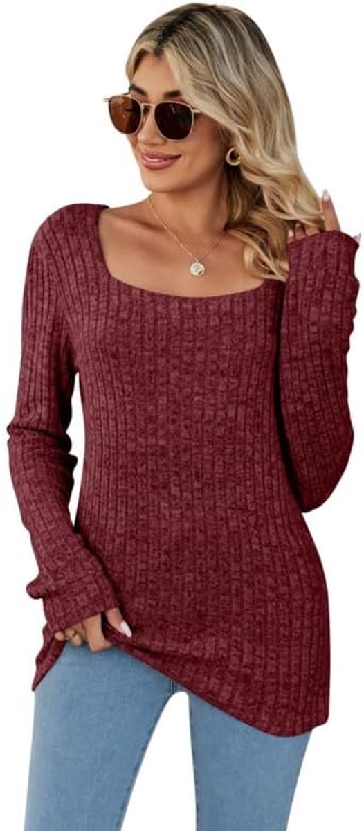 Trui voor dames, vierkante hals, lange mouwen, sweatshirt, tuniek, tops, zacht bovenstuk, lange mouwen, gebreide trui, lichte sweater, elegant, basic shirt, casual, lange trui, herfst winter