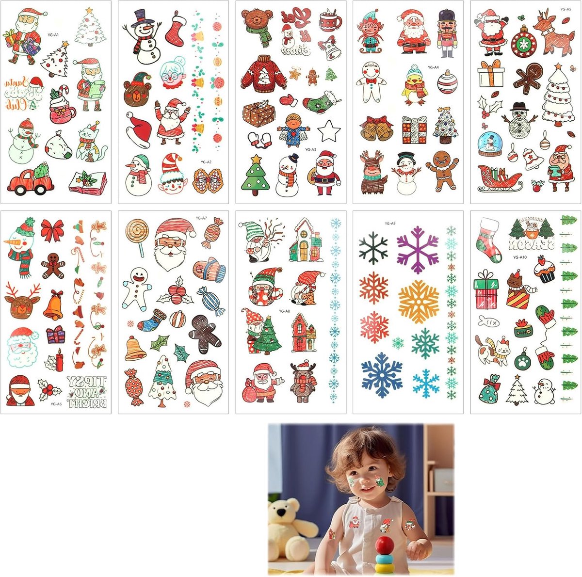 10 stuks lichtgevende kersttatoeages voor kinderen, tijdelijke tatoeages voor meisjes en jongens, kerstontwerpen zoals kerstman, rendier, sneeuwpop, boom, kousen en meer, lichten op in het donker
