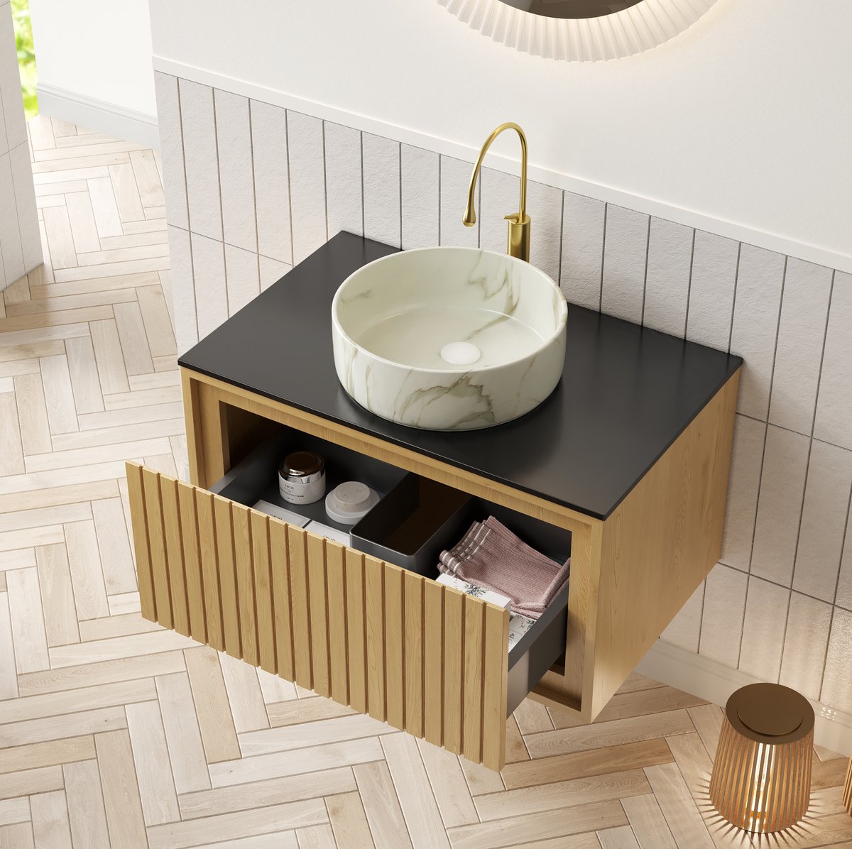 DESMIU Hangend Badkamermeubel Met Keramieken Opbouwwaskom En Sinterstenen Blad Voor Moderne Badkamer Multiplex Zwart Houtlook 76x48x53,1 Cm