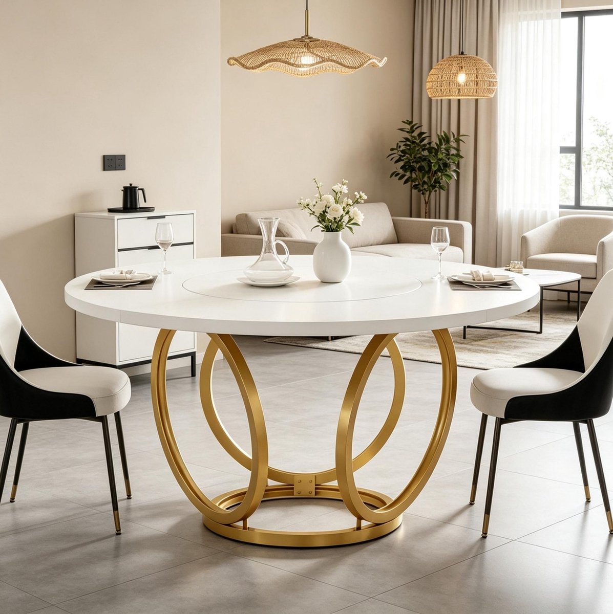 OKWISH Ronde Eettafel – Wit Goud – Rond MDF Tafelblad – Gouden Stalen Basis – Design Tafel – 120 x 120 x 77 cm