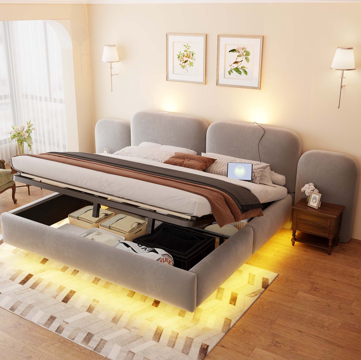 STILVORA Gestoffeerd Bed 180x200 cm – Tweepersoonsbed Met Hydraulische Opbergruimte – RGB-LED, USB & Type-C – Zonder Matras – Grijs