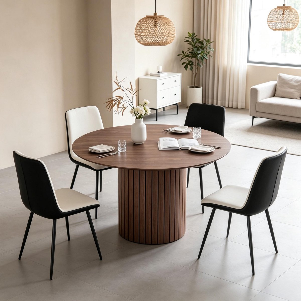 OKWISH Ronde Eettafel – Rond Tafelblad – 120 cm – Voor 4 tot 6 Personen – Moderne Cilindrische Voet – Hout Donkerbruin