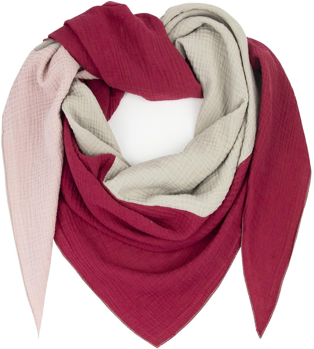 Elzusha - XXL Gehaakte Driekhoek Sjaal - 100% Katoen - Rood-Beige-Roze