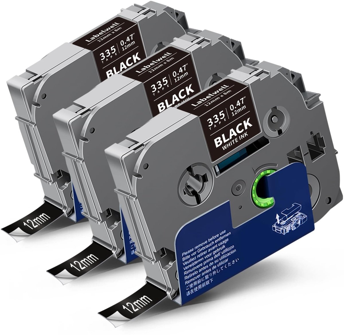 Elzusha - Label Tape TZe-335 - Wit op Zwart - 12mm - 3 Stuks