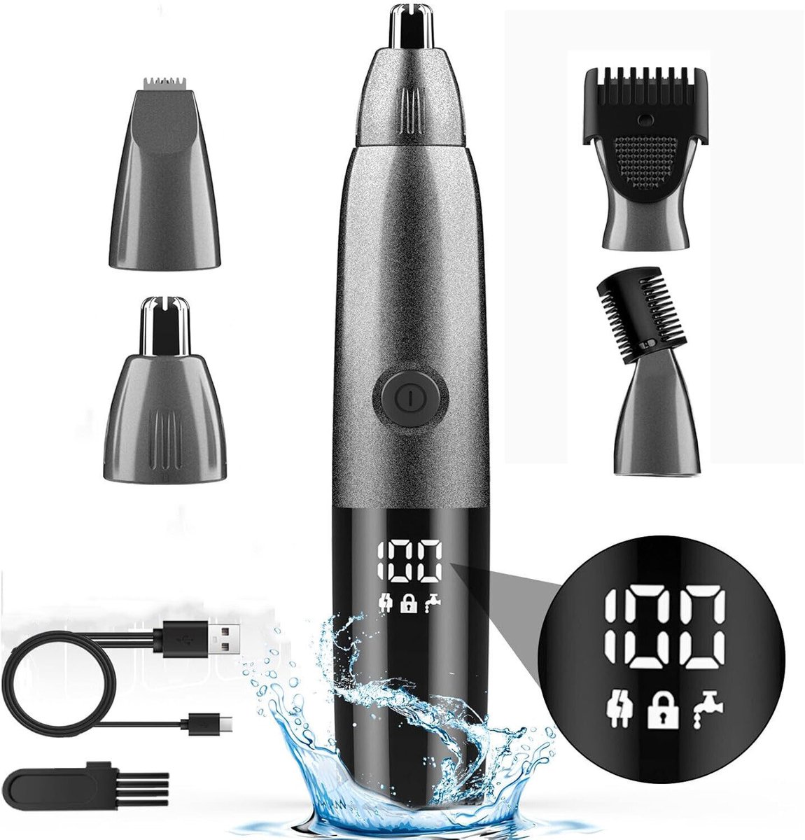 Neushaartrimmer - Elektrische trimmer - Baardtrimmer - Wenkbrauwtrimmer - 4-in-1 multifunctionele trimmer - Slim digitaal display - 600 mAh - 3 W - 3,7 V - USB oplaadbaar - Voor het trimmen van neus-, wenkbrauw- en oorhaar - Unisex - Grijs