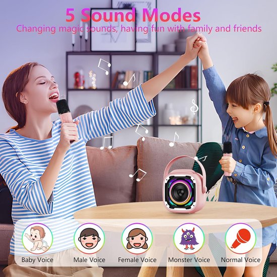Mini Kinder Karaoke Machines met 2 Microfoons, Draadloze Draagbare Bluetooth Luidspreker met Telefoonsteun/Dynamisch Licht/Stemverander Effecten, Roze van MINI — afbeelding 4