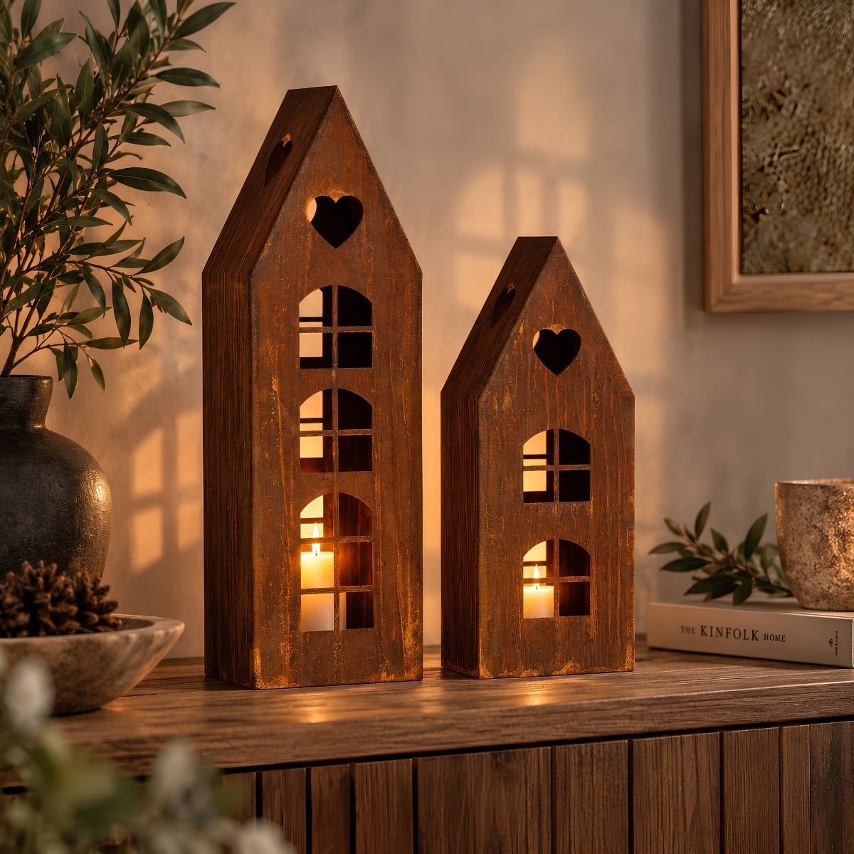 Mica Decorations Lantaarn Huis Roest Set van 2 - Decoratieve Lantaarns in Huisvorm - Sfeervolle Verlichting voor Kaars of LED - Gemaakt van Ijzer - L16,5 x B12 x H48 cm - Roestbruin — cadeau in Wonen & Interieur - foto 5