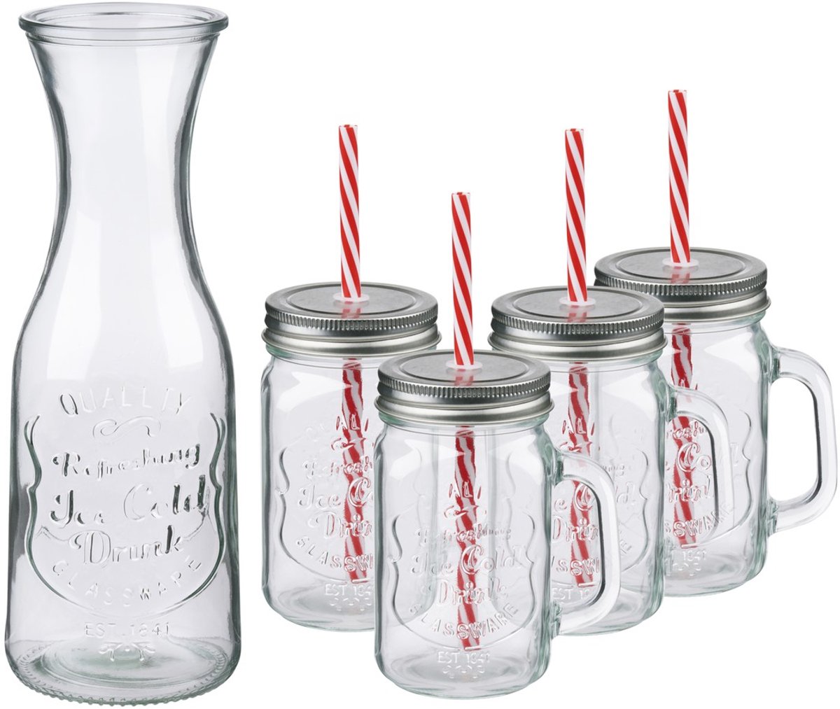 alpina Drinkglazen en Waterkan – Karaf (1L) met 4 Mason Jars (420 ml) – Waterglazen met Deksel en Rietjes – Drink Glazen voor Koude Dranken – Glazen Set voor Thuis en Feestjes