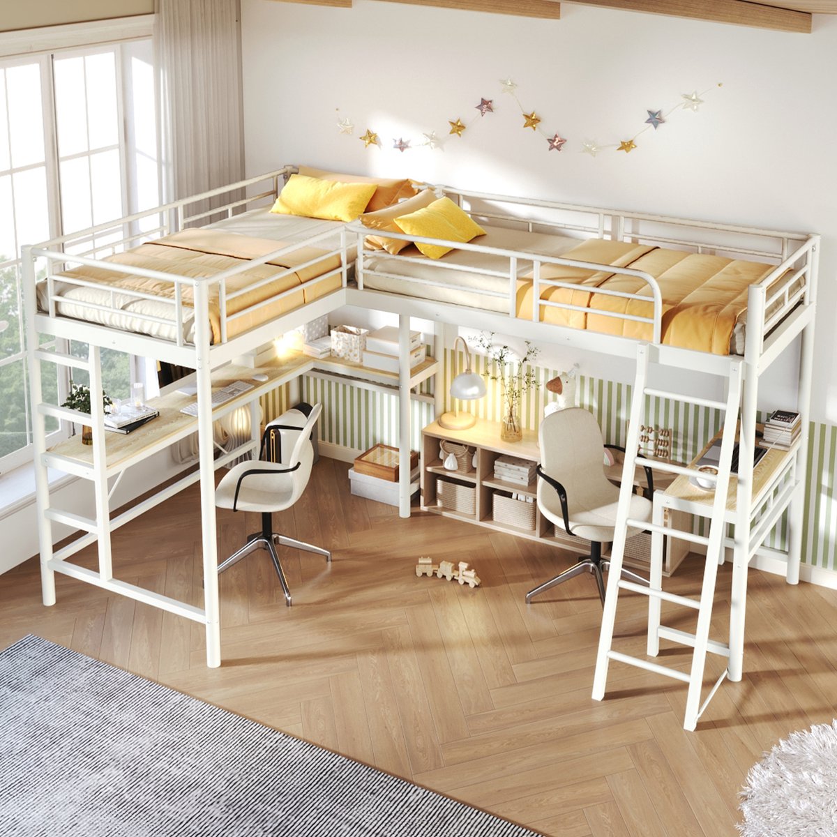 FloraGrace Hoogslaper 90x200 cm – Met Bureau – Dubbele Trap – Hoge Veiligheidsleuning – Kinderbed – Metaal en MDF – Wit – Zonder Matras