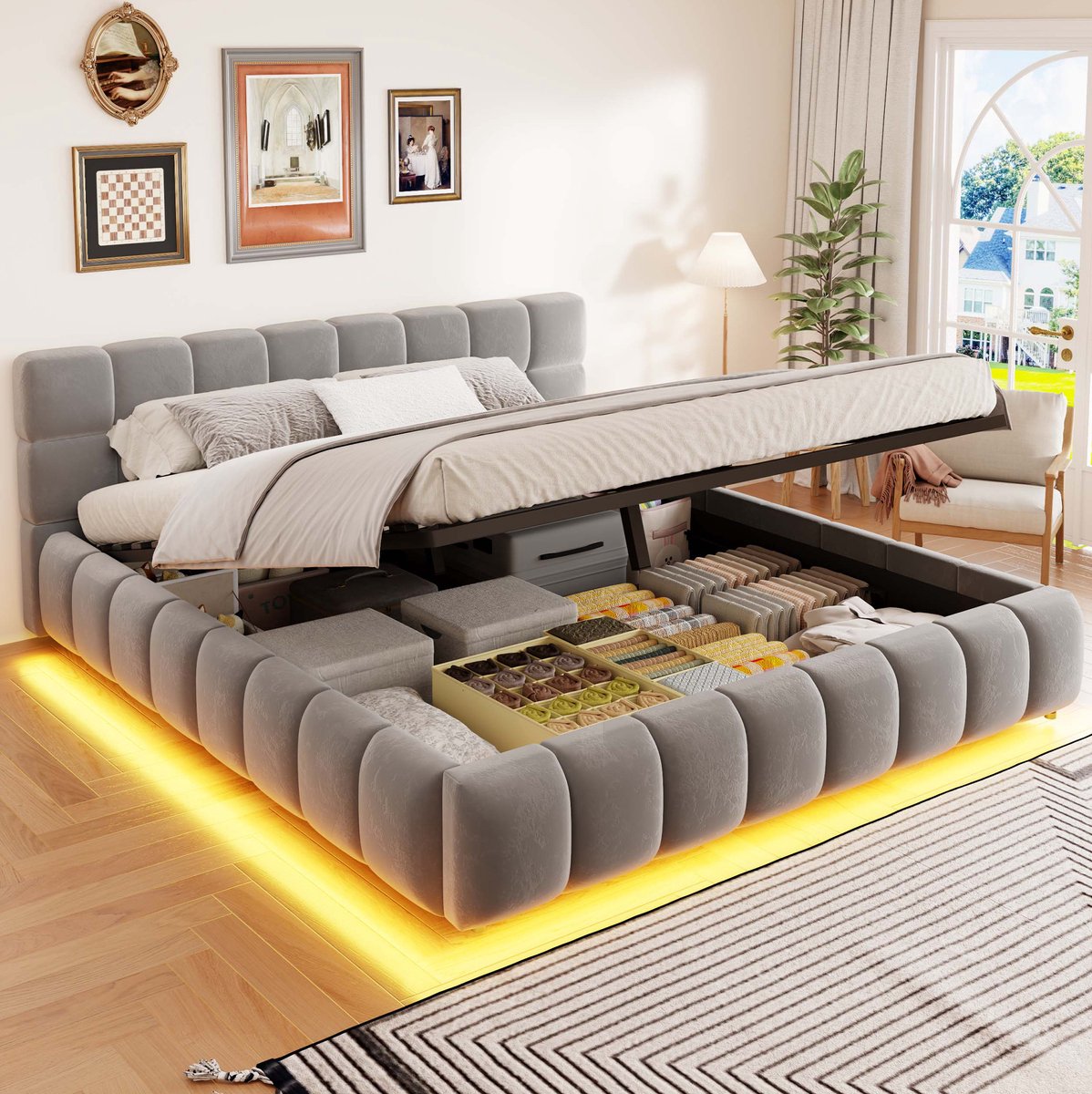 MIVRAY Normaal Bed 160 x 200 cm - Gestoffeerd Bed met LED Verlichting en Hydraulische Opbergruimte - Lattenbodem - Fluweel - Grijs