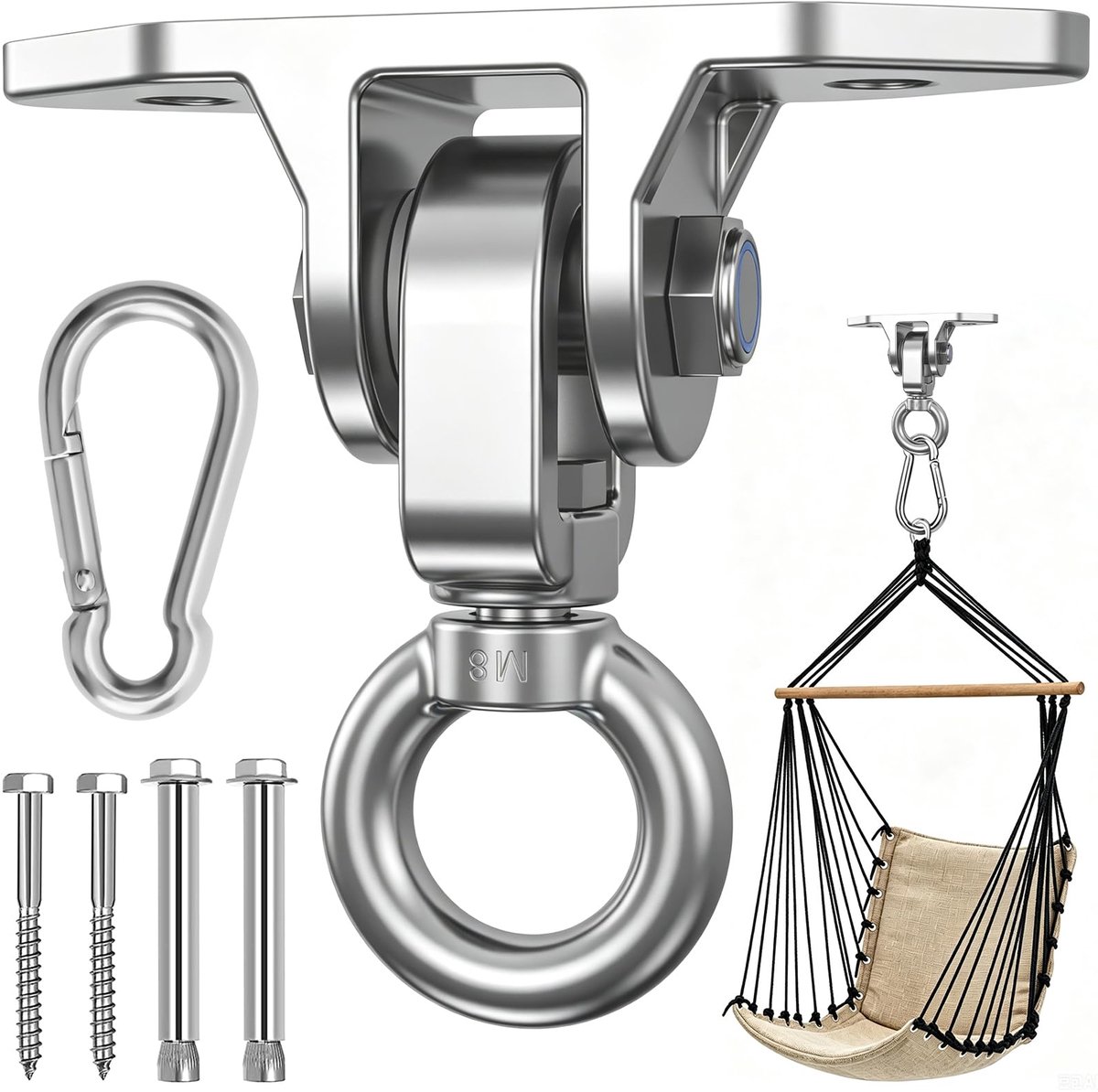 Draaibare Plafondhaak - Zwaar Belastbaar - 450 kg Draagkracht - RVS 304 - Voor Hangmat, Schommel, Bokszak, Yogaslinger, Zonnezeil - Zilver