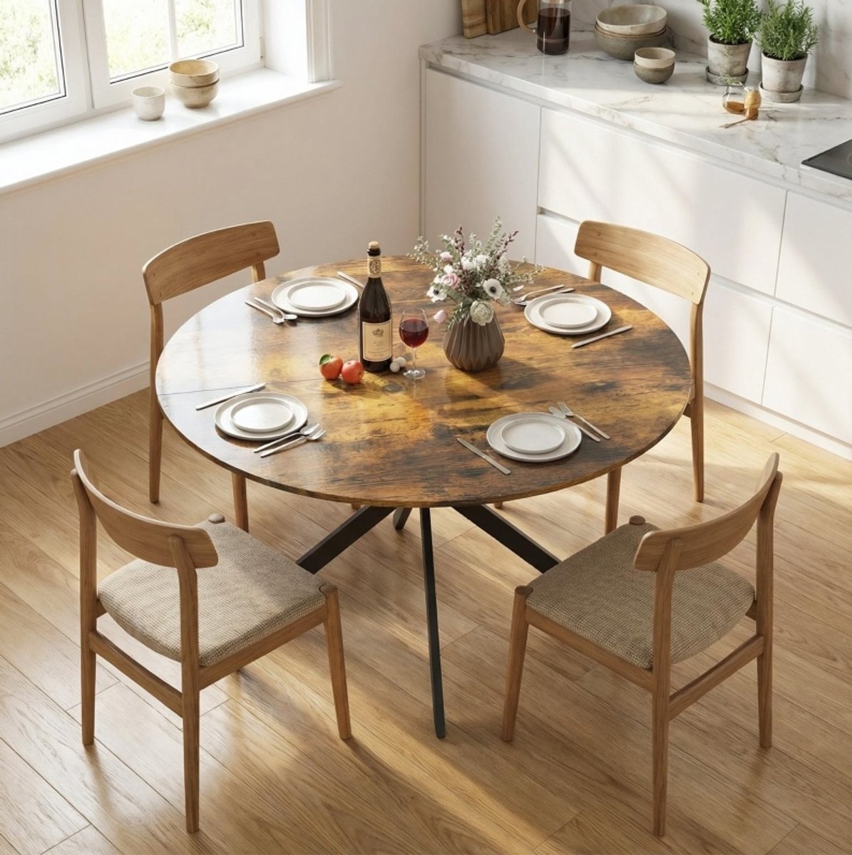 MIVRAY Ronde Eettafel - Industriële Stijl Met Zwarte X-Vormige Stalen Poten - Voor 4 Personen - Hout - 120 x 75 Cm - Rustiek Bruin