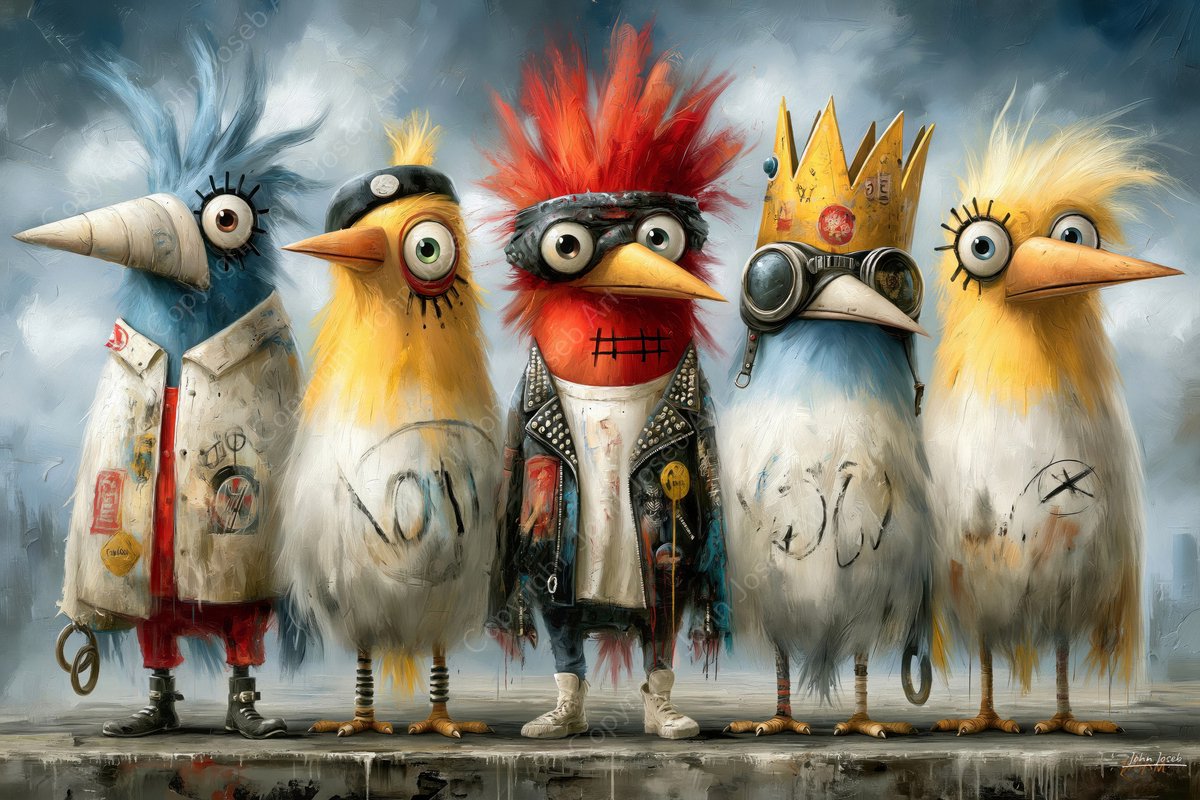 John Joseb Art (Aluminium) 60x40 | Gekke vogels, grappig, humor, graffiti, kleurrijk, portret, abstract, kunst, dier, vogel, rood, wit, geel, blauw, modern | foto-schilderij op dibond, metaal wanddecoratie