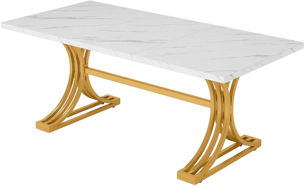 Mura Eettafel - Keukentafel - Eetkamertafel - Dining Table - Tafelblad - Houten Marmeren Blad - 160cm Breed - Hout - Wit / Goud