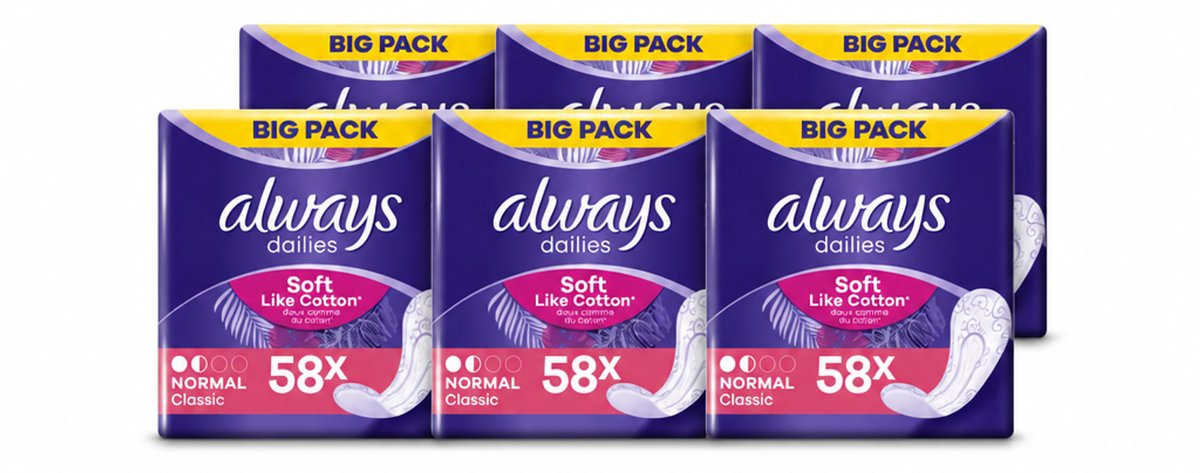6 x Always - Inlegkruisjes - Normal - Zacht - 58 Inlegkruisjes - Voordeelverpakking - 6 stuks