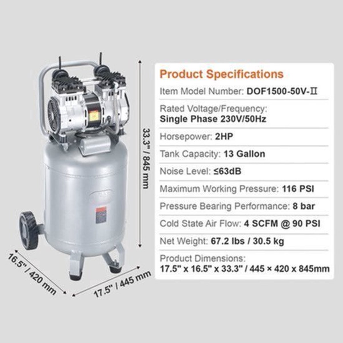 Luchtcompressor – Aircompressor – Compressor – Pneumatische Compressor – 13-Gallon – 2PK Motor – Olievrij – Stil 63 dB