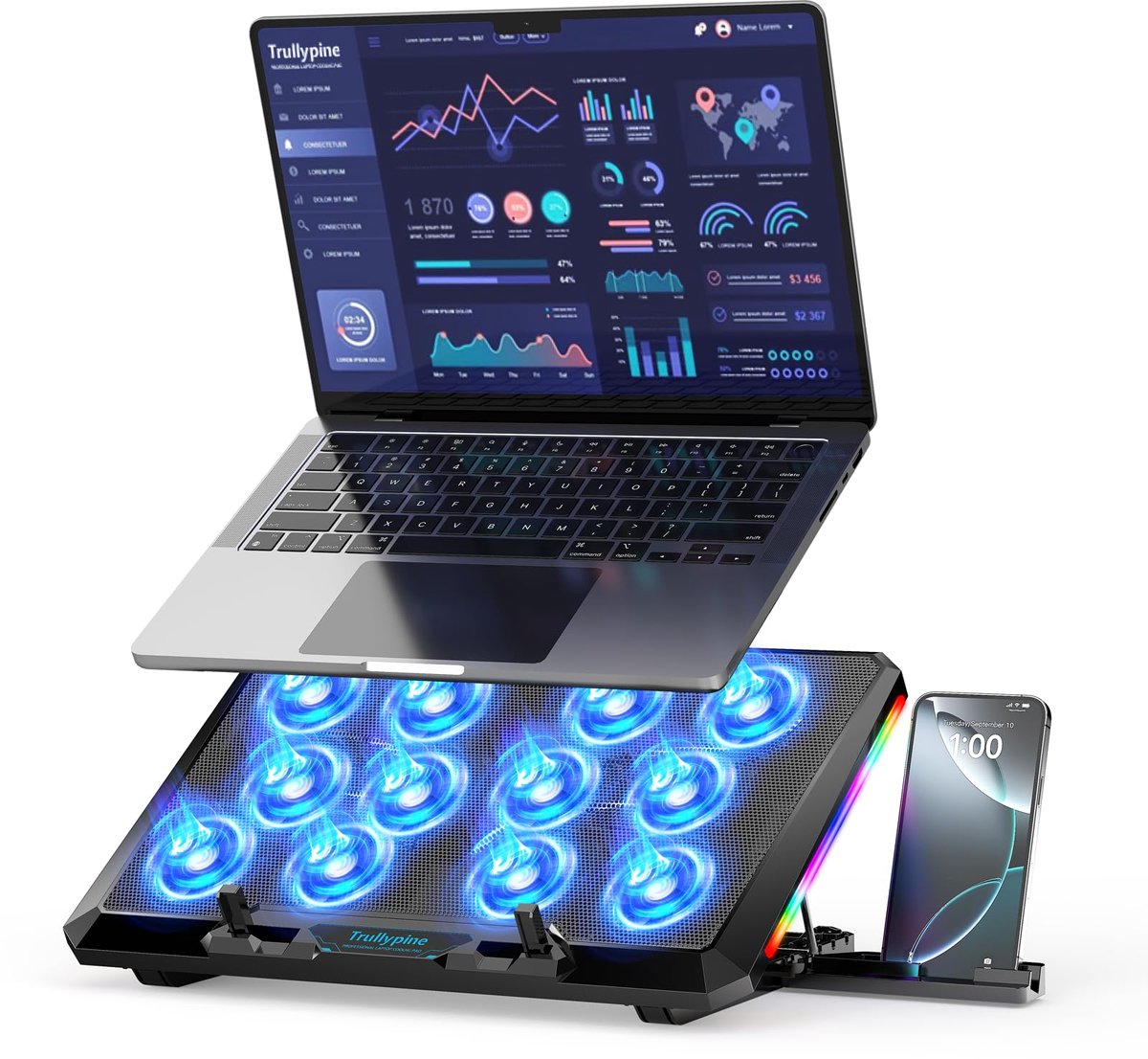 Laptop Cooler – 12 Stille Ventilatoren – 5 Hoogtestanden – Verstelbare Laptopstandaard – 12 tot 17,3 inch