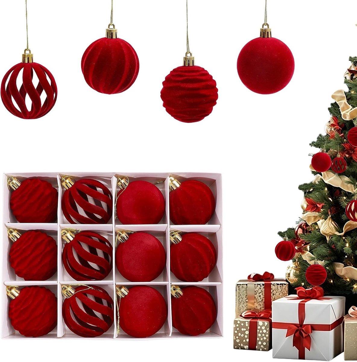 12 Stuks Bordeauxtinten Fluwelen Kerstballen, 6 cm Schokbestendige Versieringen voor Kerstboom en Feestdecoratie