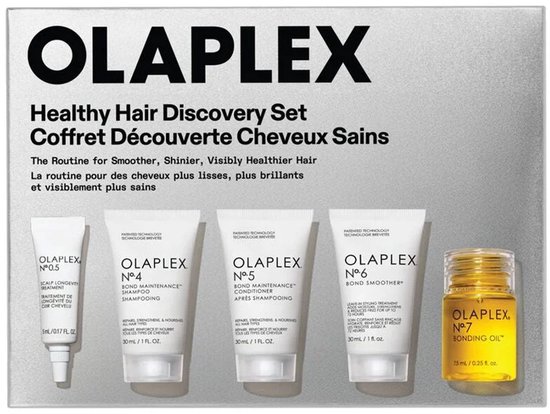 Olaplex Healthy Hair Discovery Set met 5 miniatuur haarverzorgingsproducten: N°0.5 Scalp Treatment, N°4 Shampoo, N°5 Conditioner, N°6 Bond Smoother en N°7 Bonding Oil.