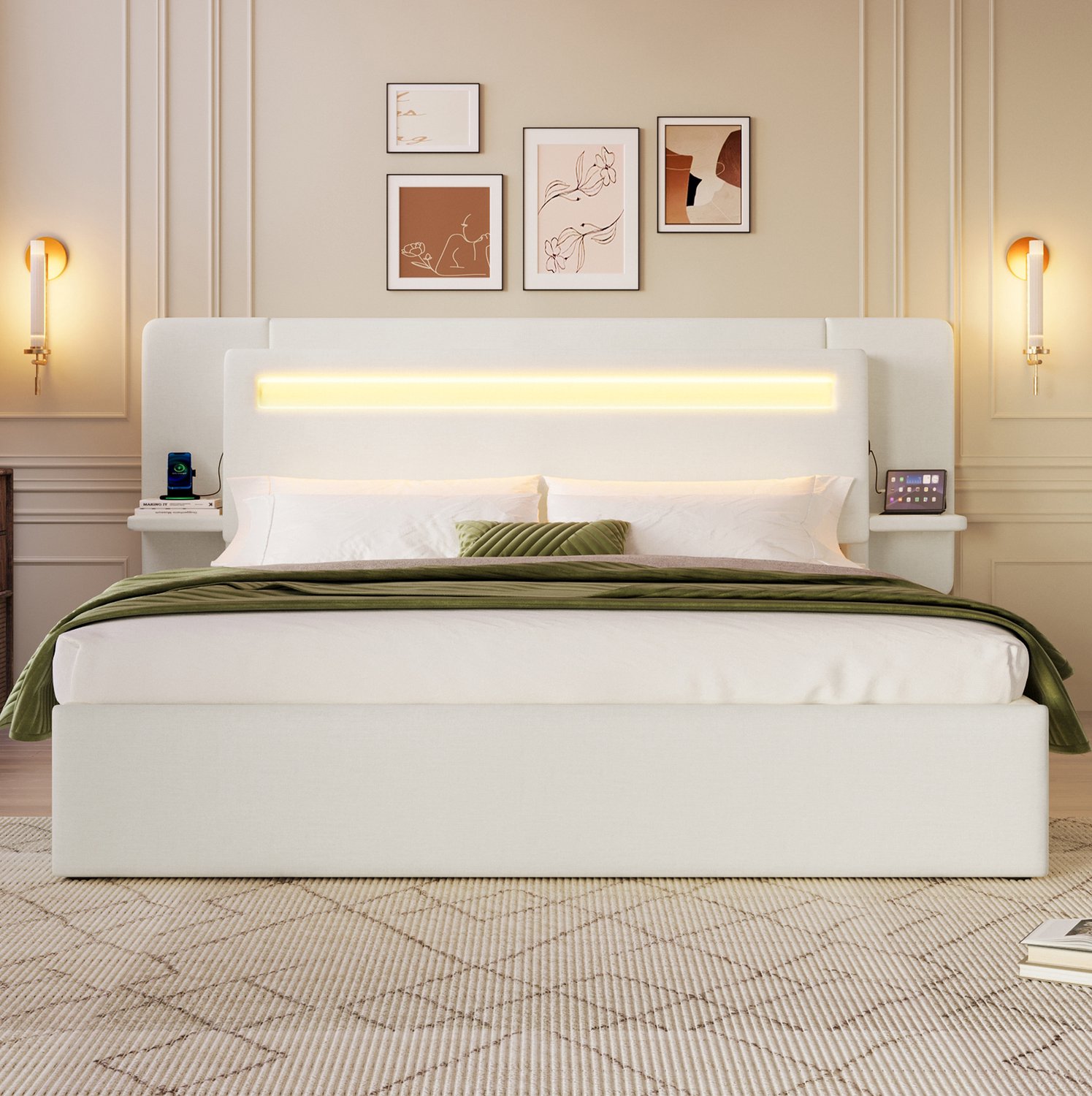 MODFU Gestoffeerd Bed - Hydraulische Opbergruimte - Ledverlichting - Beige - 140 X 200 Cm