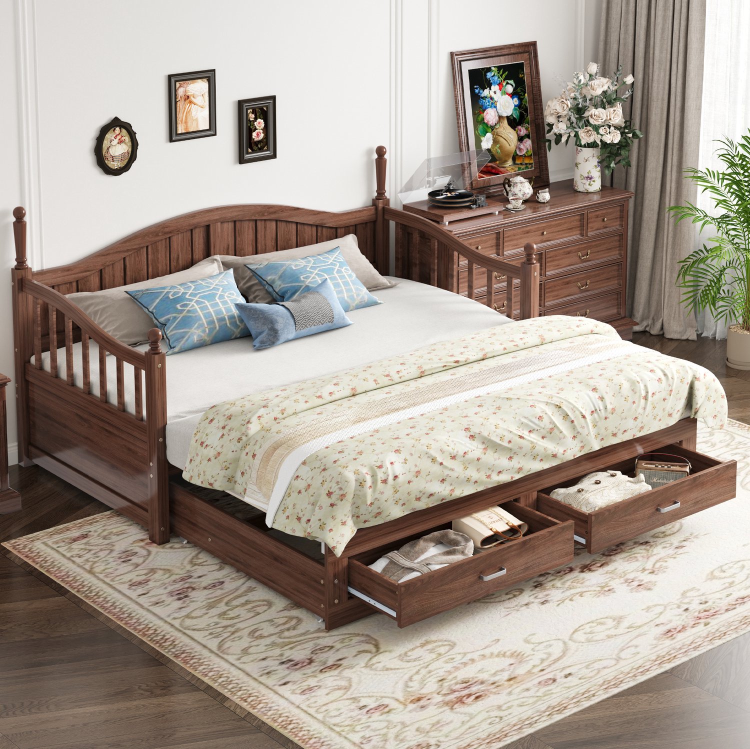 Maisentiel Uitschuifbare bedbank 90 x 190 tot 180 x 190 cm - walnootkleur - met 2 lades