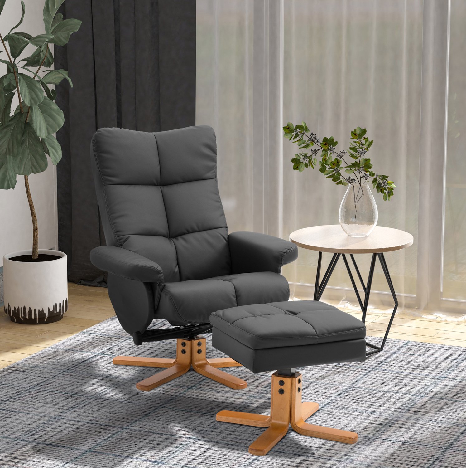 DESMIU Relaxfauteuil Met Hocker 80 x 86 x 99 cm - 145 Graden Verstelbaar en 360 Graden Draaibaar - Voor Televisiekijken - Hout en Kunstleer - Zwart