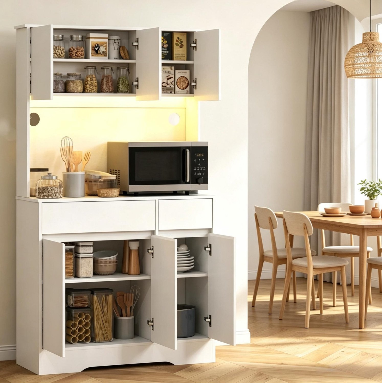 DESMIU Hoge Keukenkast - Werkblad Met RGB-ledverlichting, 6 Deuren En 2 Laden - Voor De Keuken - MDF En Spaanplaat - 100x38x180 Cm - Wit