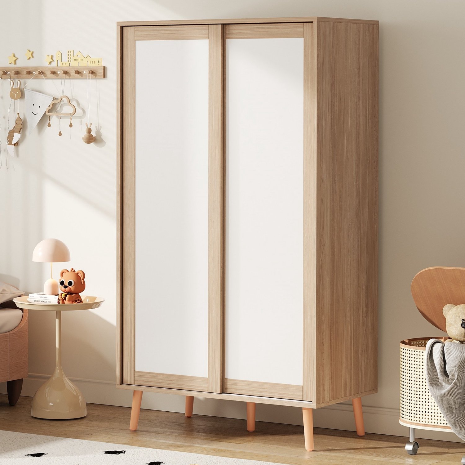 REDOM Kinderkledingkast 80x46x141,5 cm - 2 schuifdeuren, 2 kledingroedes en vaste legplanken - Wit/naturel Naturel en wit