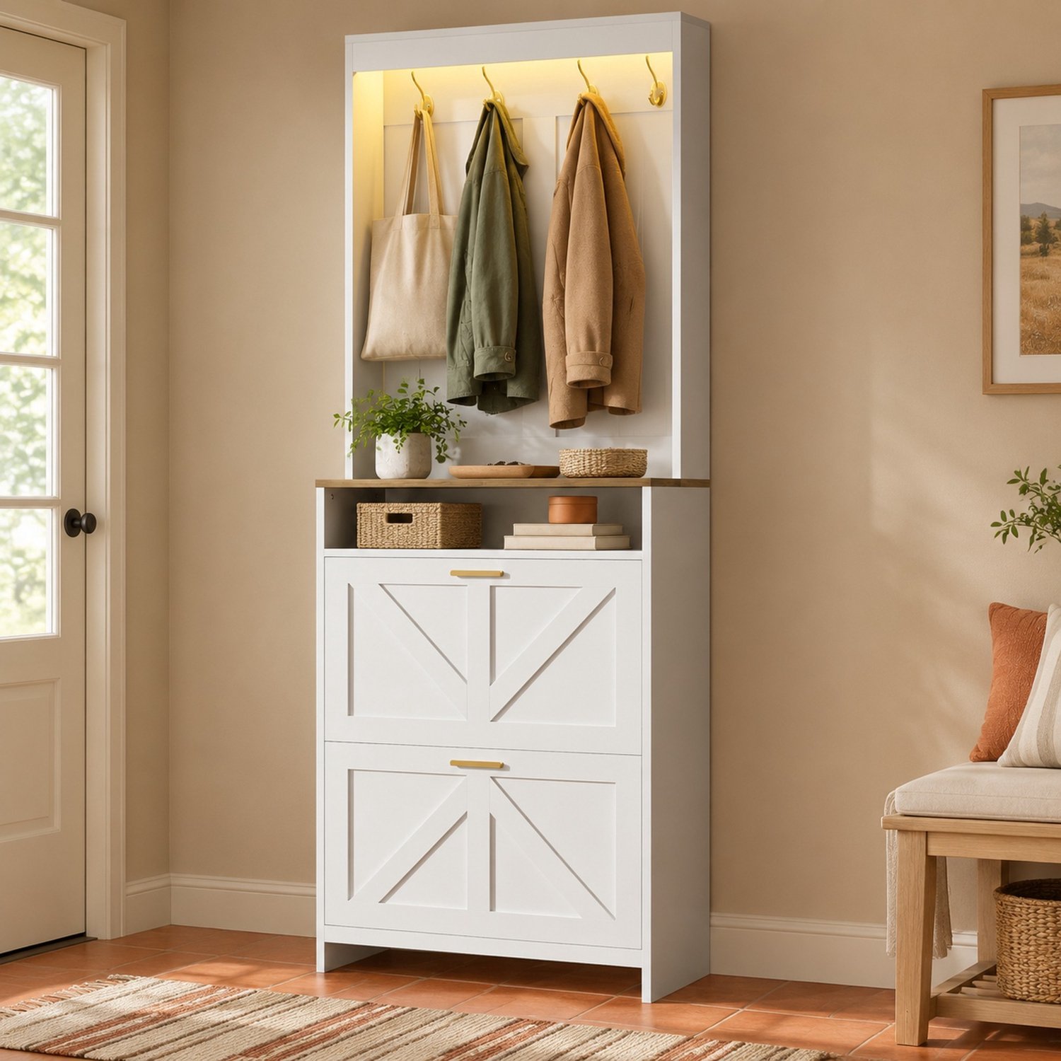 REDOM Schoenenkast 70x24x180 cm - 2 kantelvakken, haken en LED-verlichting - Wit/naturel Wit en naturel