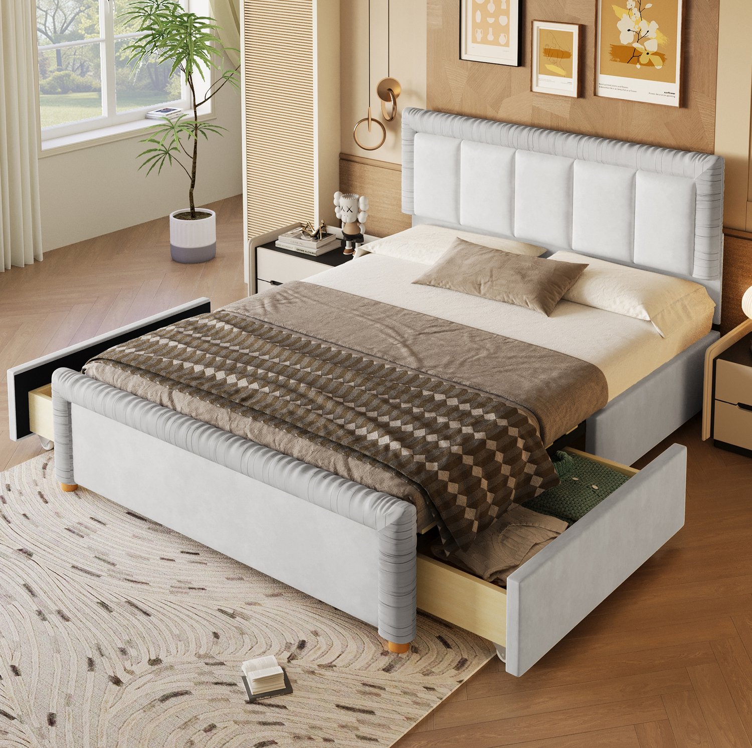 MODFU Gestoffeerd Bed - 2 Lades - Verticale Stiksels - Fluweel - Grijs - 140 X 200 Cm