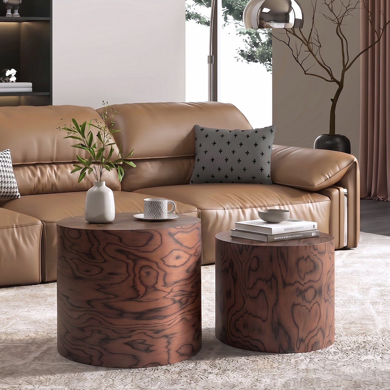 MODENUIT Salontafelset - Twee Ronde Nesttafels - Voor Woonkamer - Hout en MDF - Donkerbruin - 48 x 48 x 38 cm