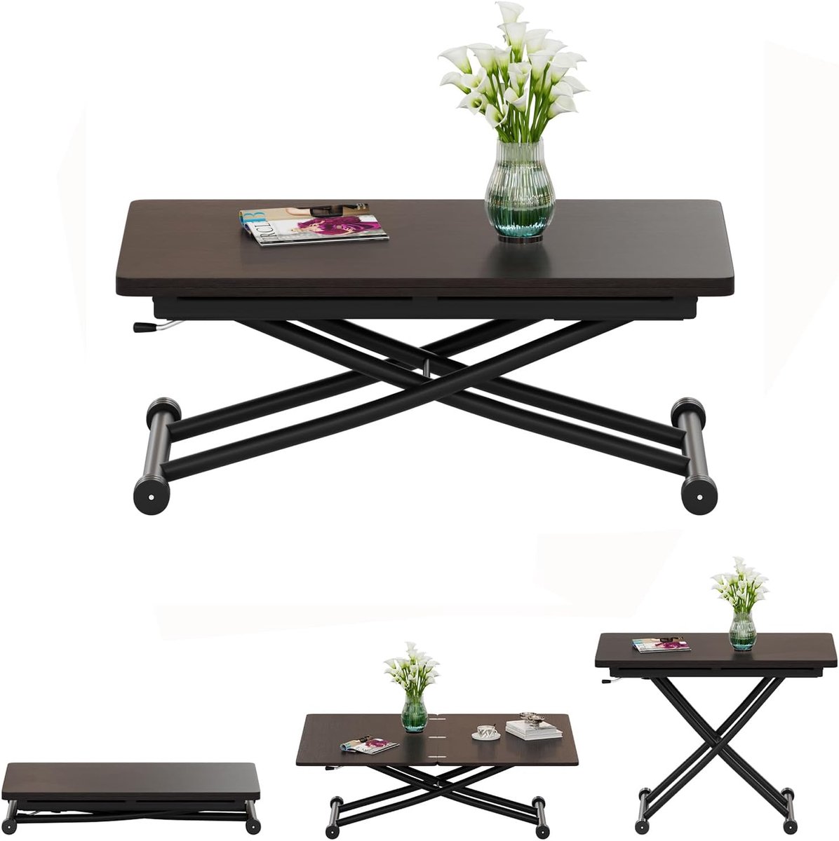 Uittrekbare en uittrekbare tafel, functionele salontafel voor keuken, walnoot, eetkamer, woonkamer, bureau, geschikt voor eetkamer, woonkamer, keuken, studeerkamer